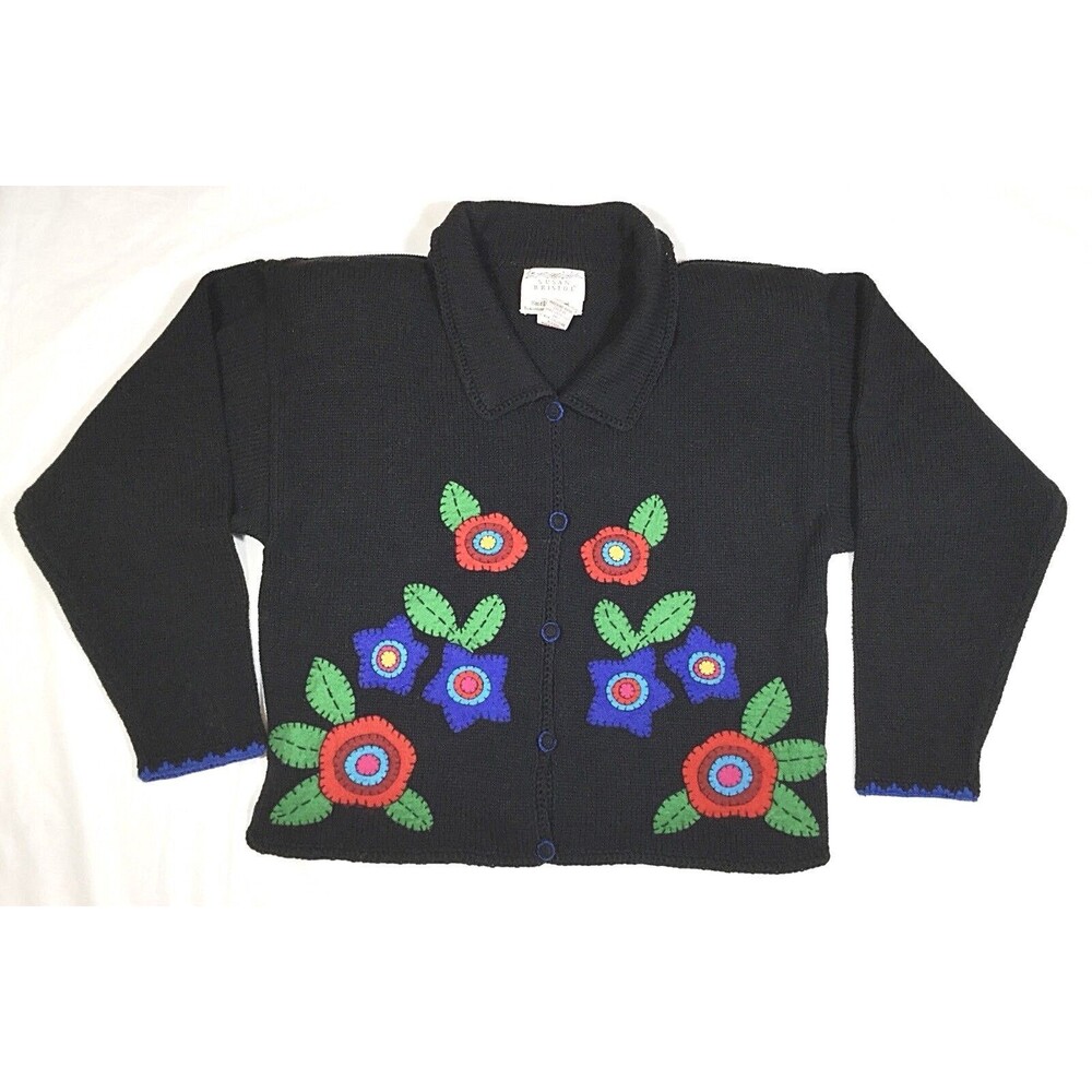 Susan Bristol Cardigan Sweater Black Size Small Hand Embroidered Red Flowers